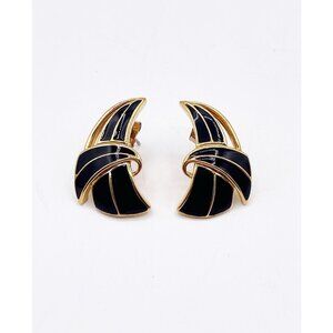 VTG Signed Trifari Black Enamel Gold Tone Clip On Earrings Art Deco Modernist